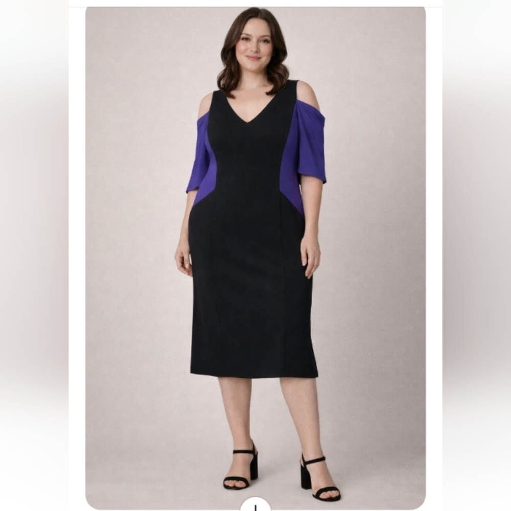 Eloquii Black & Purple Cold Shoulder Midi Dress Size 22 NWT
